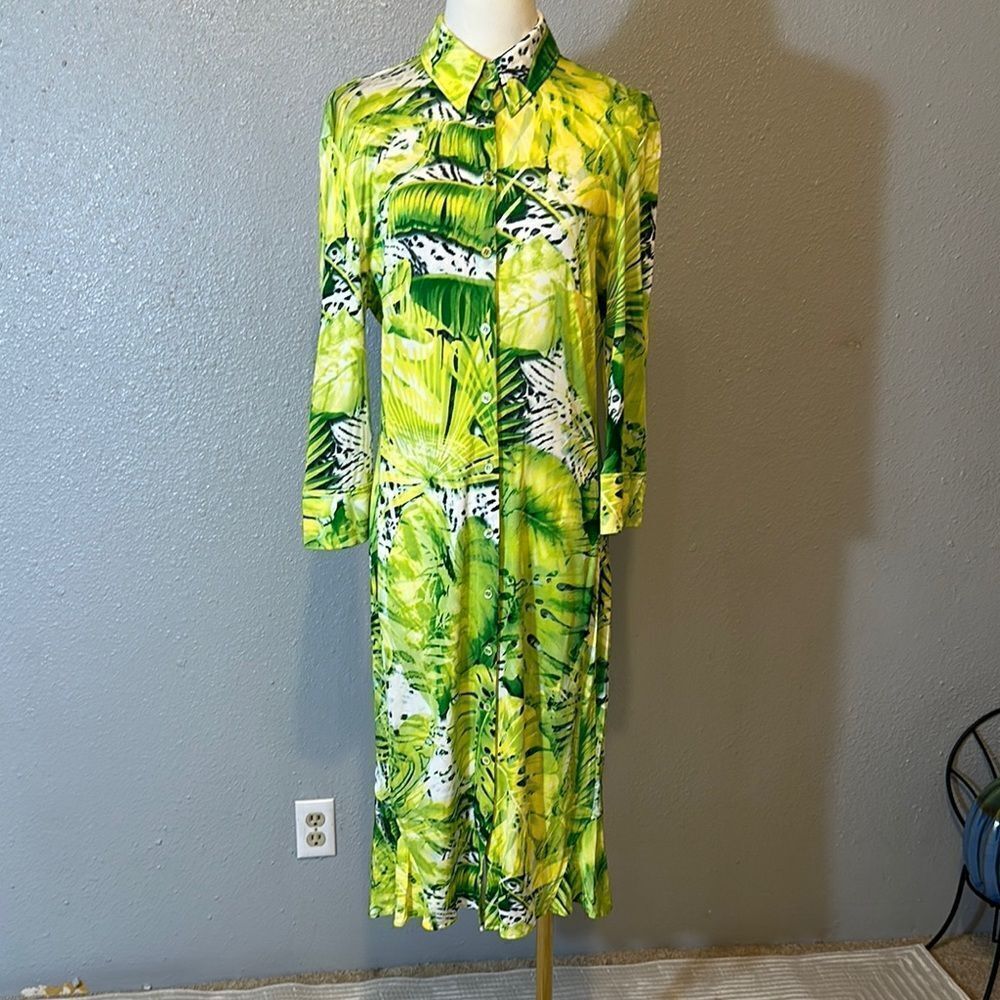 Escada tropical Vibrant Green Patterned long sleeve midi dress size 40 Medium